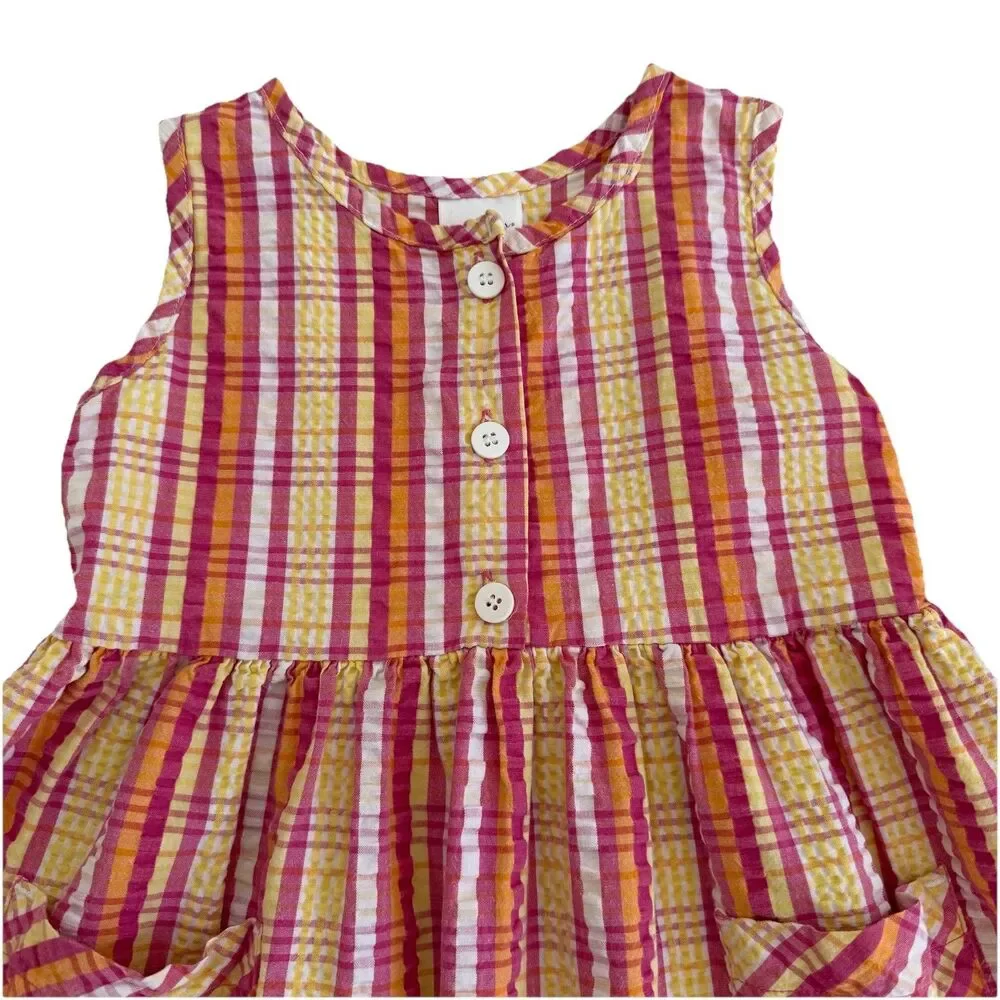 VTG Healthtex Dress Girls Pink Yellow Orange Plaid Seersucker 100% Cotton Sz 6